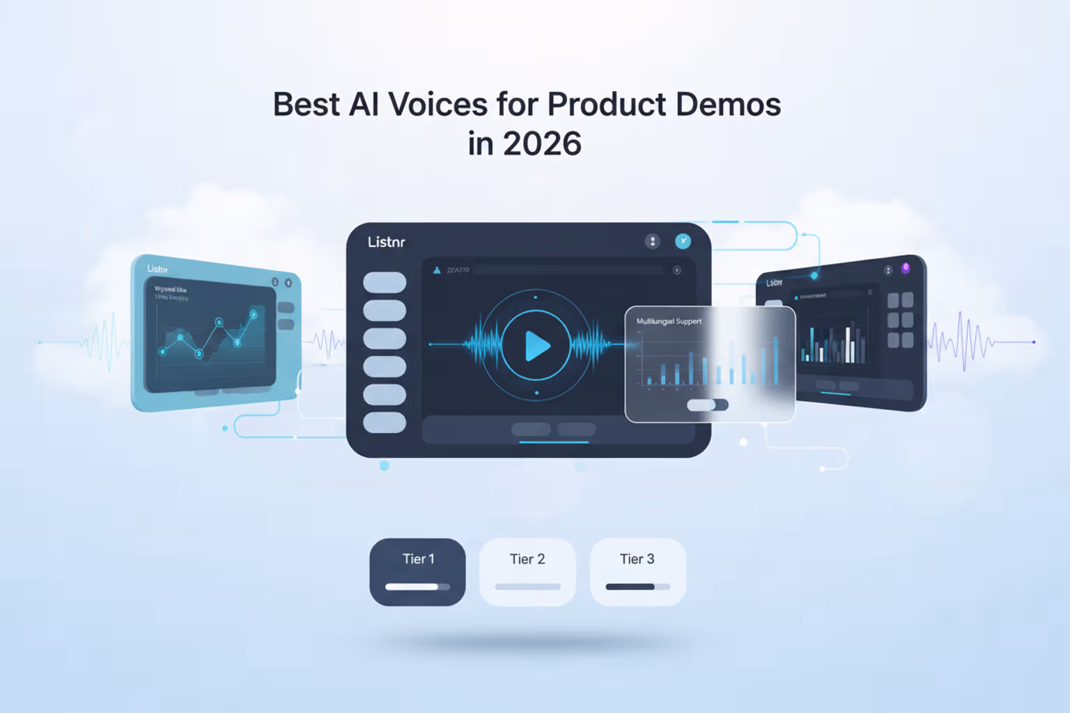 A product demo screen recording timeline with AI voice style options: clear narrator, friendly explainer, executive presenter, energetic launch, localized native voice.