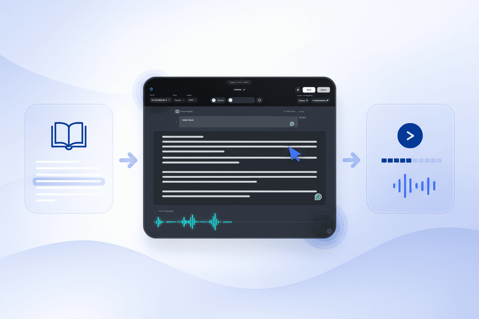 Workflow diagram showing EPUB chapter extraction, text cleanup, AI voice generation in Listnr, and review before scaling to the full audiobook