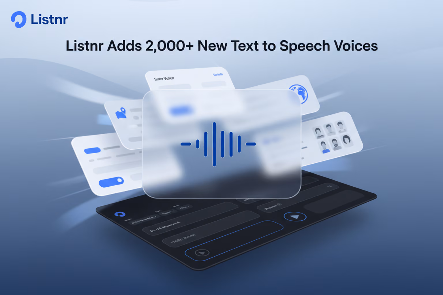 Listnr interface concept showing a larger text to speech voice library with regional accent filters